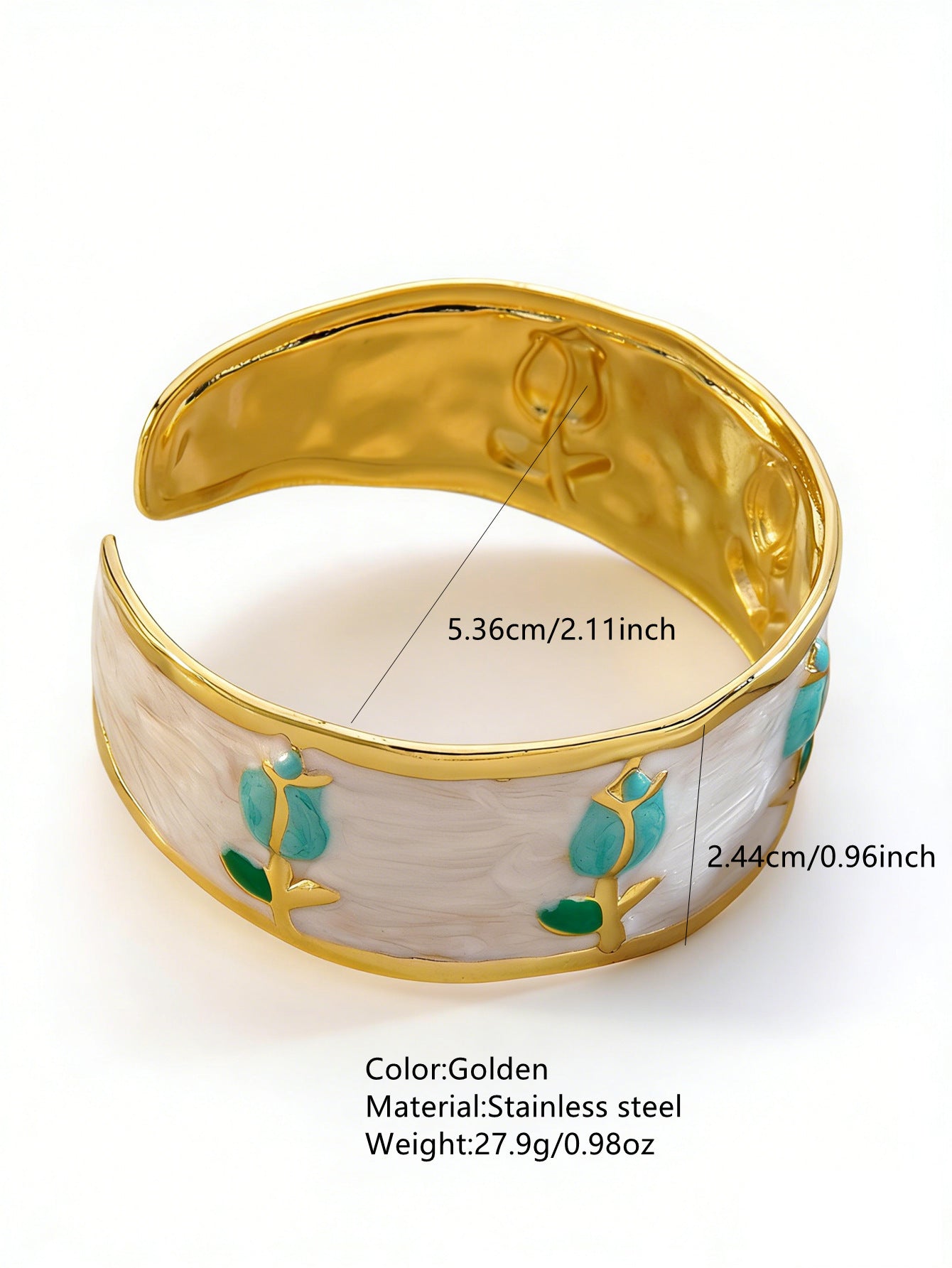 Elegante Pulsera Abierta de Lujo Floral con Esmalte de Aceite de Acero Inoxidable y Titanio con Cereza