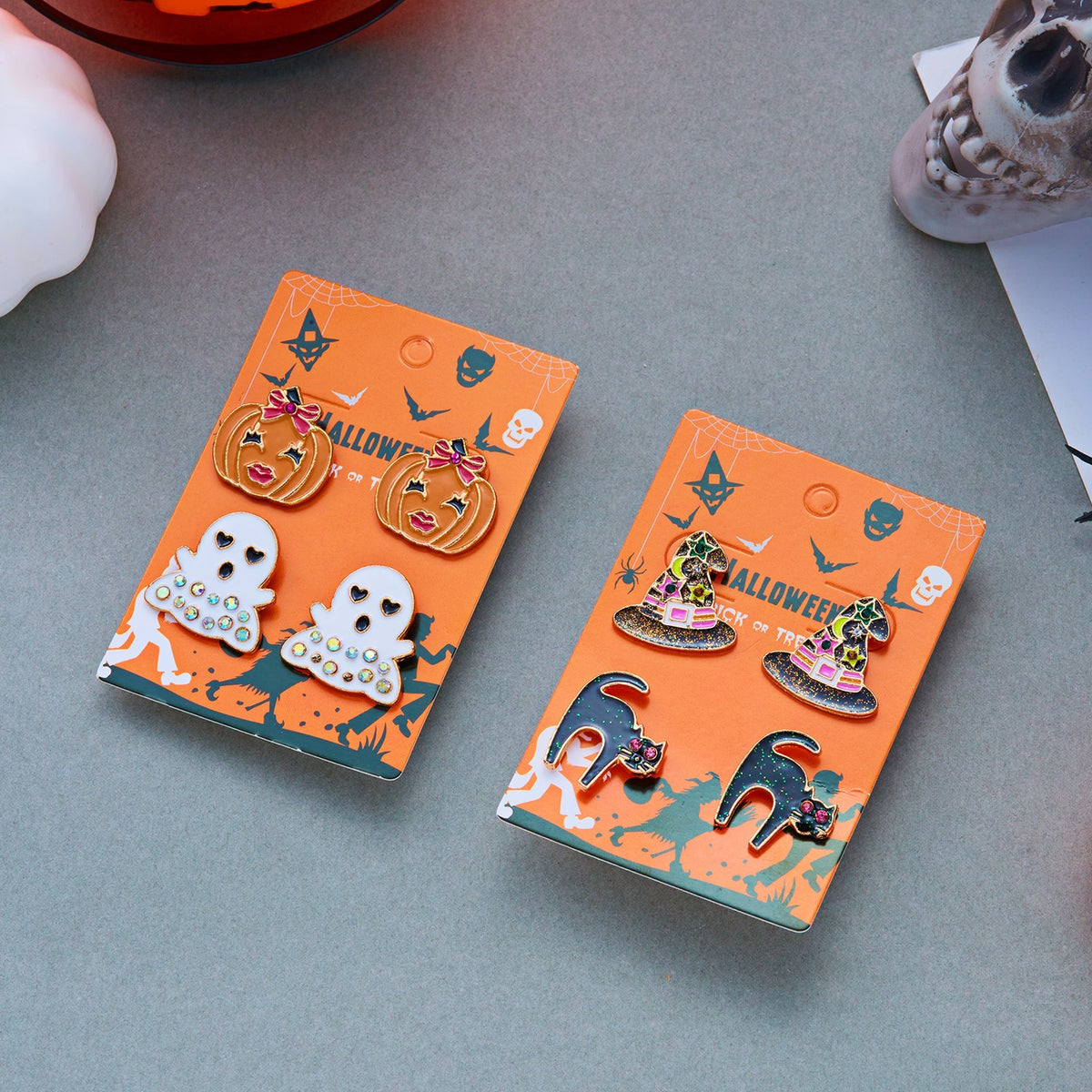Halloween Punk Geometric Alloy Plated Earrings Set with Pumpkin and Black Cat Designs for Women