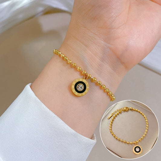Elegant Minimalist Titanium Steel Round Hoop Bracelet with Roman Numerals and Zircon Accents for Women