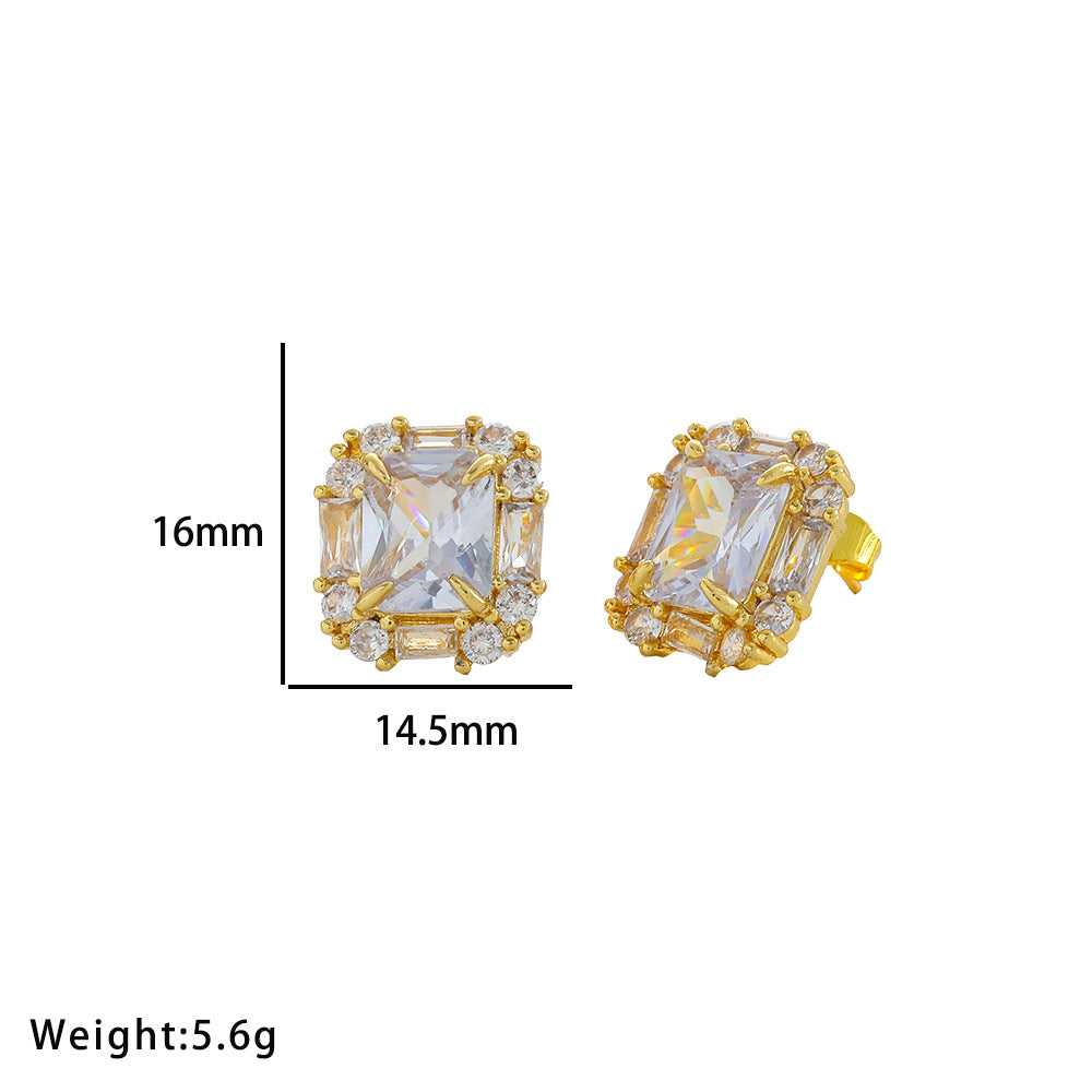 Conjunto de pendientes y anillo de acero de titanio con diamantes de imitación cuadrados geométricos de inspiración vintage para mujer