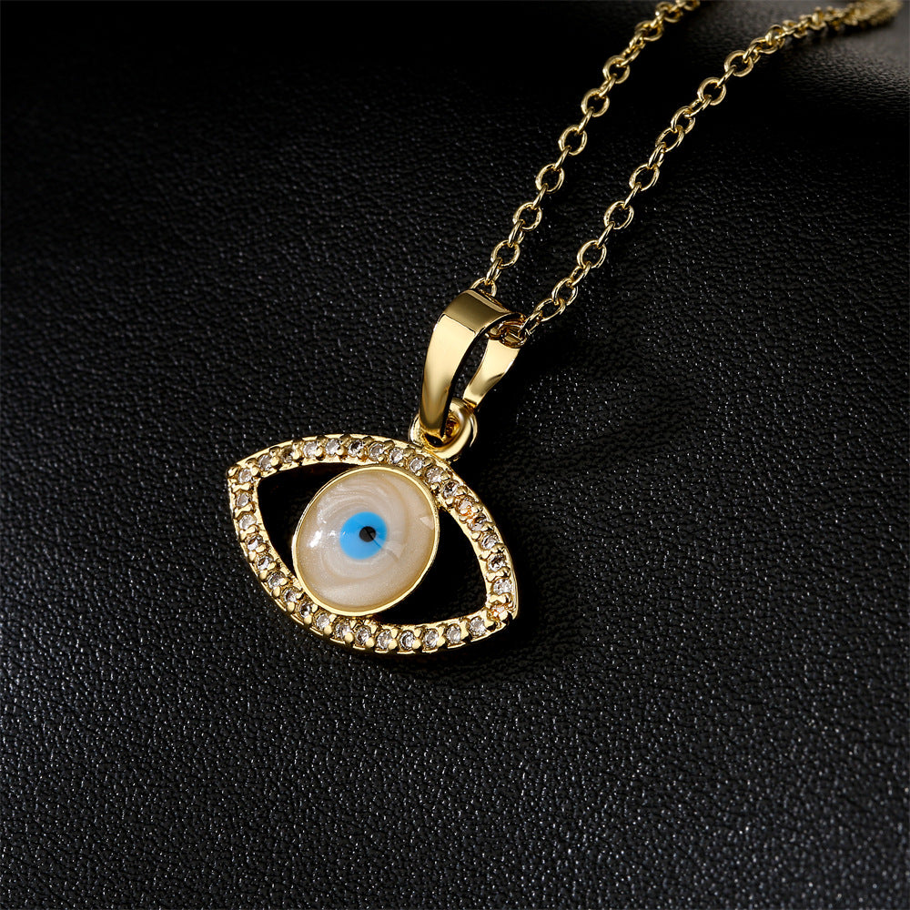 Minimalist Geometric Eye Pendant Necklace for Women with Copper Base and 18K Gold Plating, Enamel Finish and Zircon Inlay