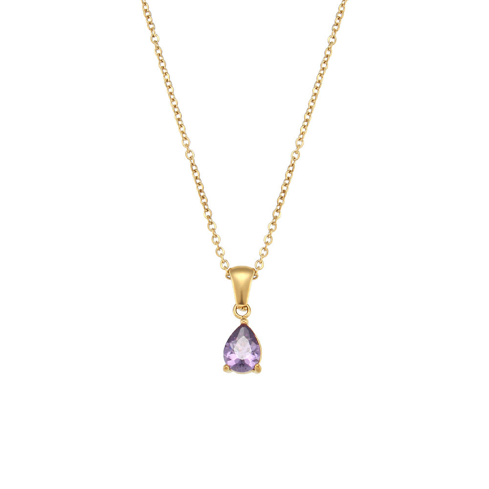 Minimalist Geometric Teardrop Zircon Pendant Necklace in Stainless Steel with 18K Gold Plating for Women