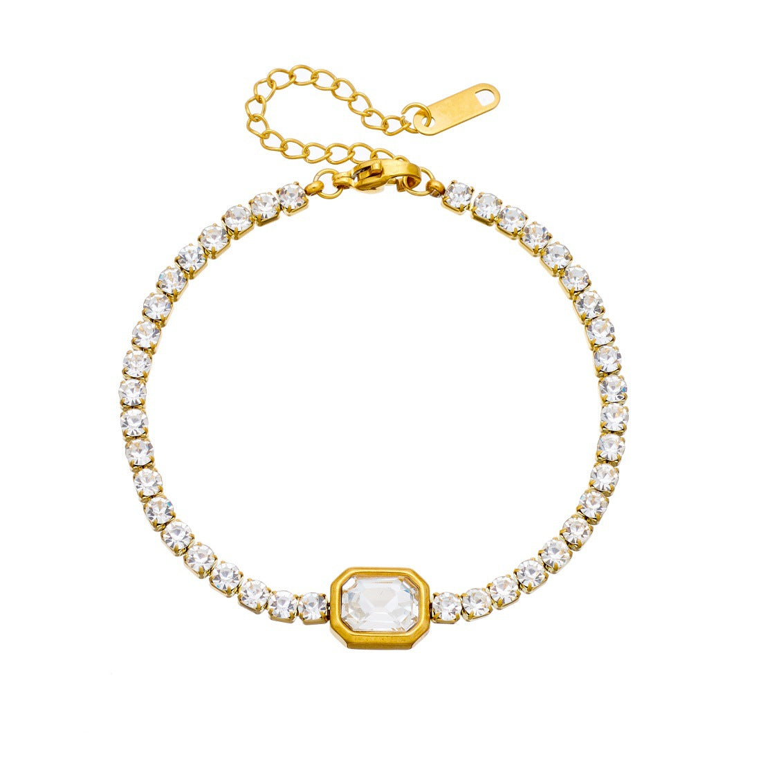 Minimalist Luxury Square Geometric Gold Plated Stainless Steel Bracelet with Cubic Zirconia for Women
