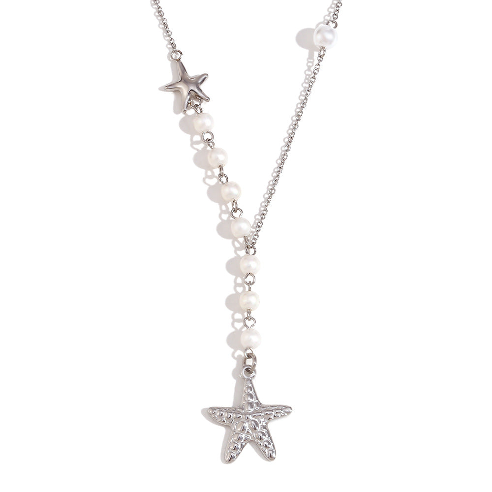 Collana con ciondolo a stella marina asimmetrica vintage da donna in acciaio inossidabile con placcatura in oro 18 carati e inserti in perle