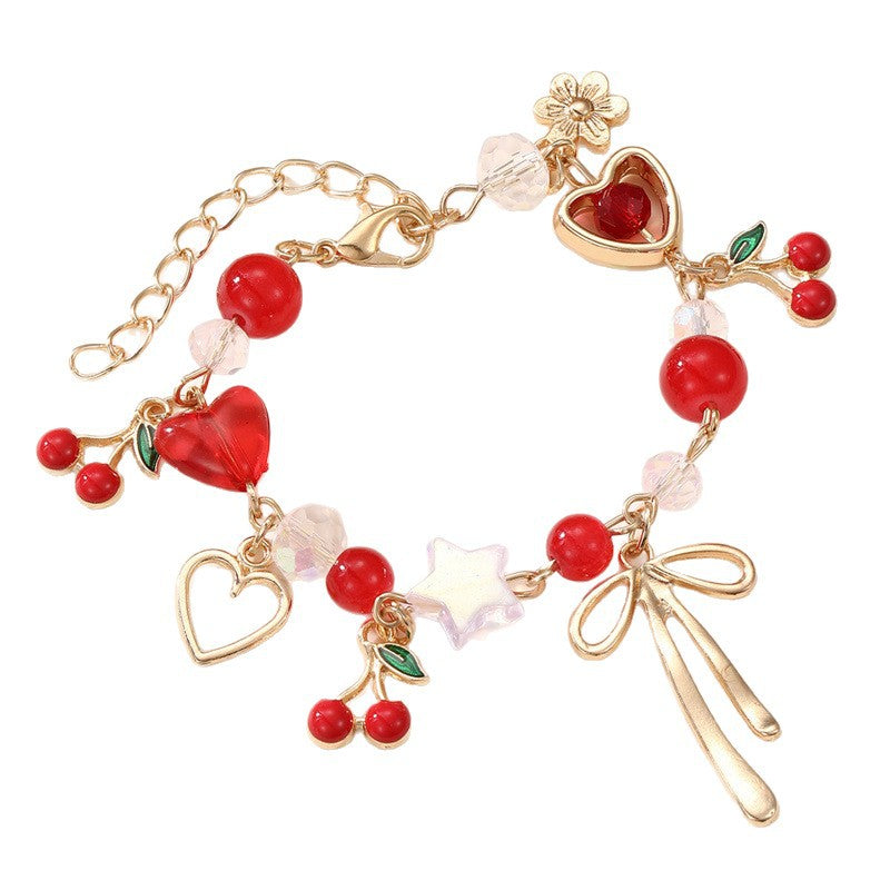 Pulsera con dije de lazo de corazón de cereza dulce para niñas, hecha de resina con detalles artesanales