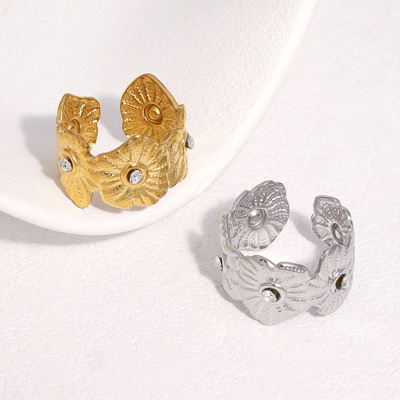 Minimalist Elegant Gold Plated Stainless Steel Floral Rhinestone Open Ring for Women