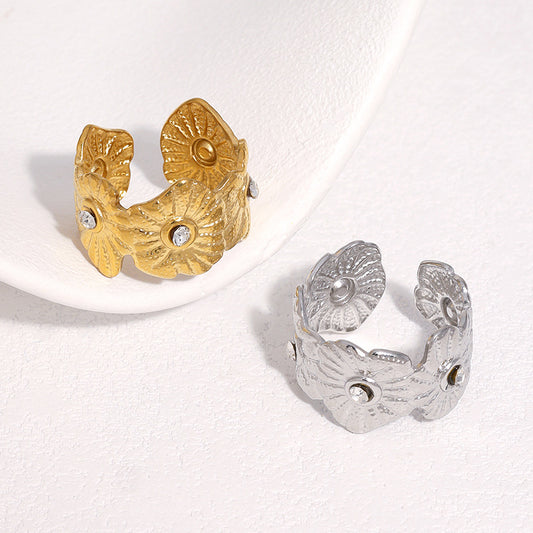 Minimalist Elegant Gold Plated Stainless Steel Floral Rhinestone Open Ring for Women