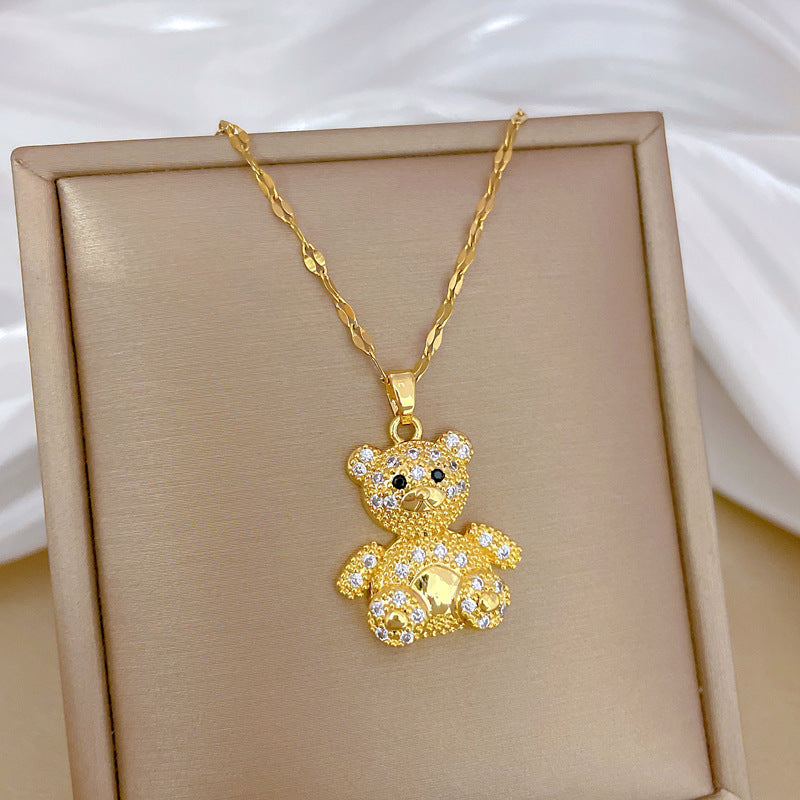 Collana con ciondolo orso minimalista geometrico a diamante intero da donna, catena in acciaio al titanio con accento luna