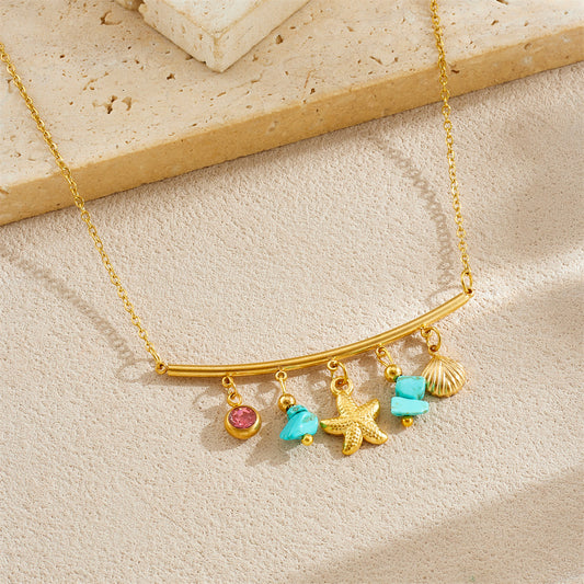 Bohemian Gold Plated Stainless Steel Round Star Necklace with Blue Crushed Stone and Rhinestone for Women