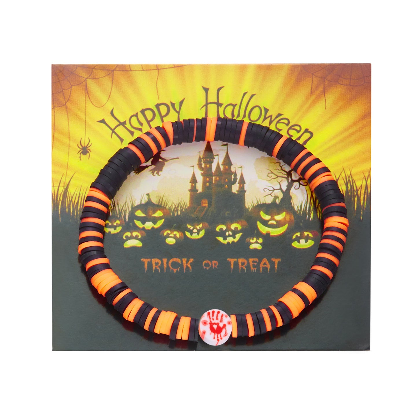 Pulsera de Halloween hecha a mano con motivo de esqueleto en arcilla polimérica y diseño geométrico para mujer