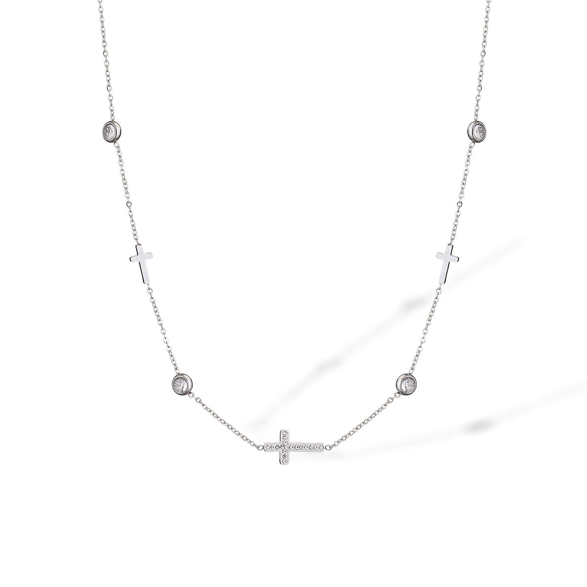Collana con Ciondolo a Croce Minimalista da Donna in Acciaio al Titanio con Placcatura in Oro Vero e Intarsio di Zirconi