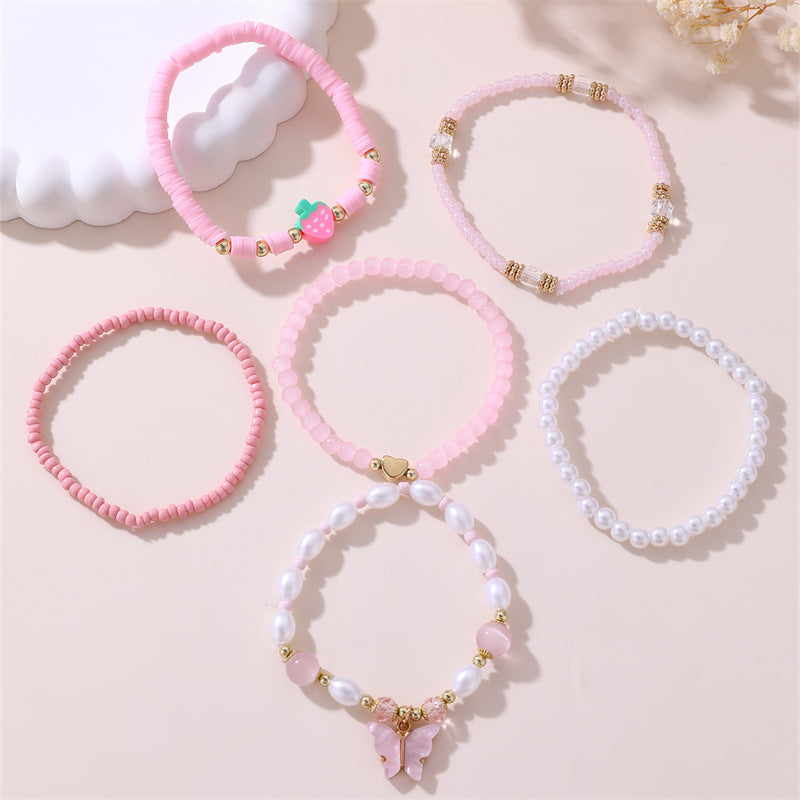Juego de Pulseras Infantiles Hechas a Mano con Dijes de Mariposa y Fresa, Cuentas de Resina y Acentos de Cristal Blanco Estilo Princesa para Niñas de 6 a 10 Años
