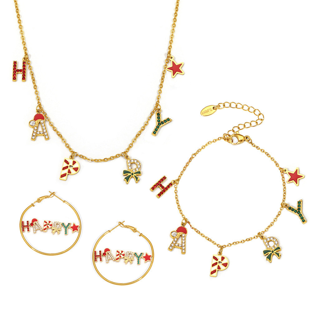 Juego de Collar Navideño de Lujo con Diseño de Rueda de la Fortuna, Esmalte e Incrustaciones de Zirconia, Colgante y Pulsera de Acero Inoxidable para Mujer