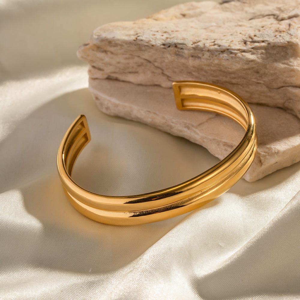 Fashionable Geometric Double Layer Plated 18K Gold Stainless Steel Bracelet for Women