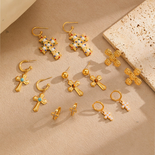 Pendientes de acero inoxidable con colgante de cruz minimalista con incrustaciones de circonita y baño de rodio para mujer
