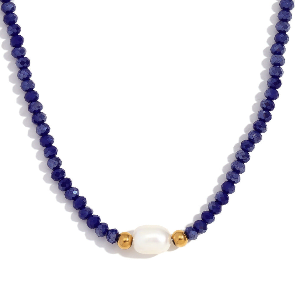Minimalist Geometric Stainless Steel Pendant Necklace with Freshwater Pearl and Blue Crystal Beads for Women
