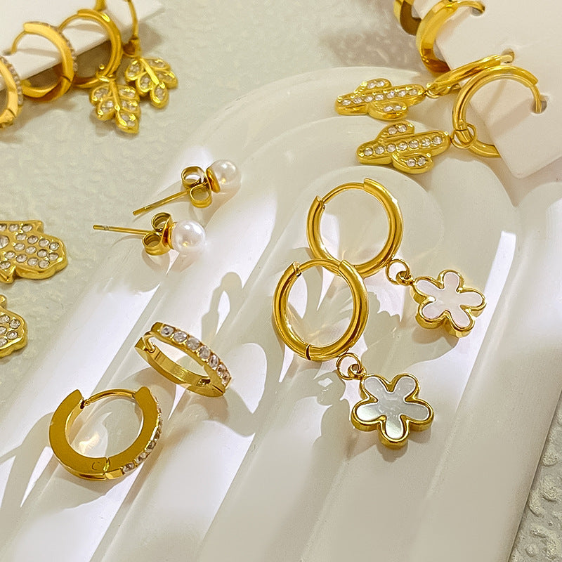 Minimalist Sweet Micro-set Diamond Plant Shape Brass Plated Earrings Set