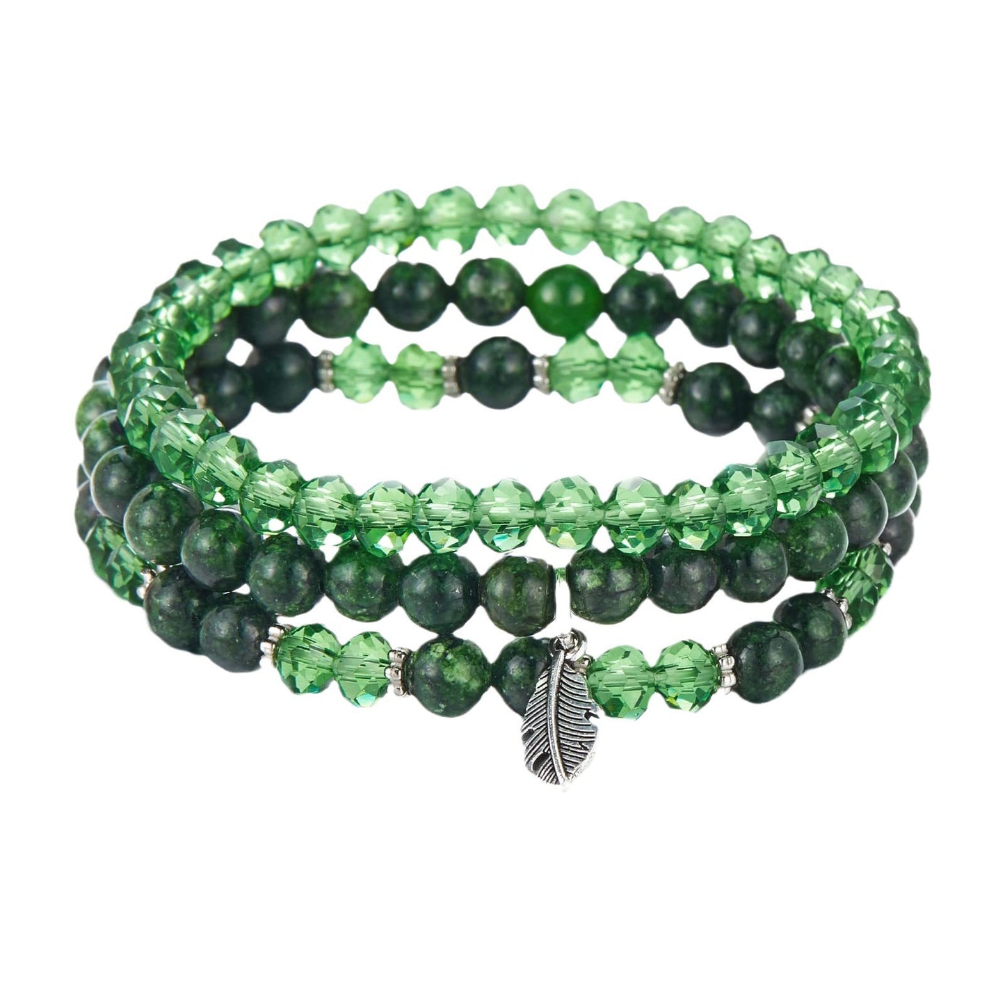 Minimalist Geometric Crystal Feather Pendant Bracelet Set
