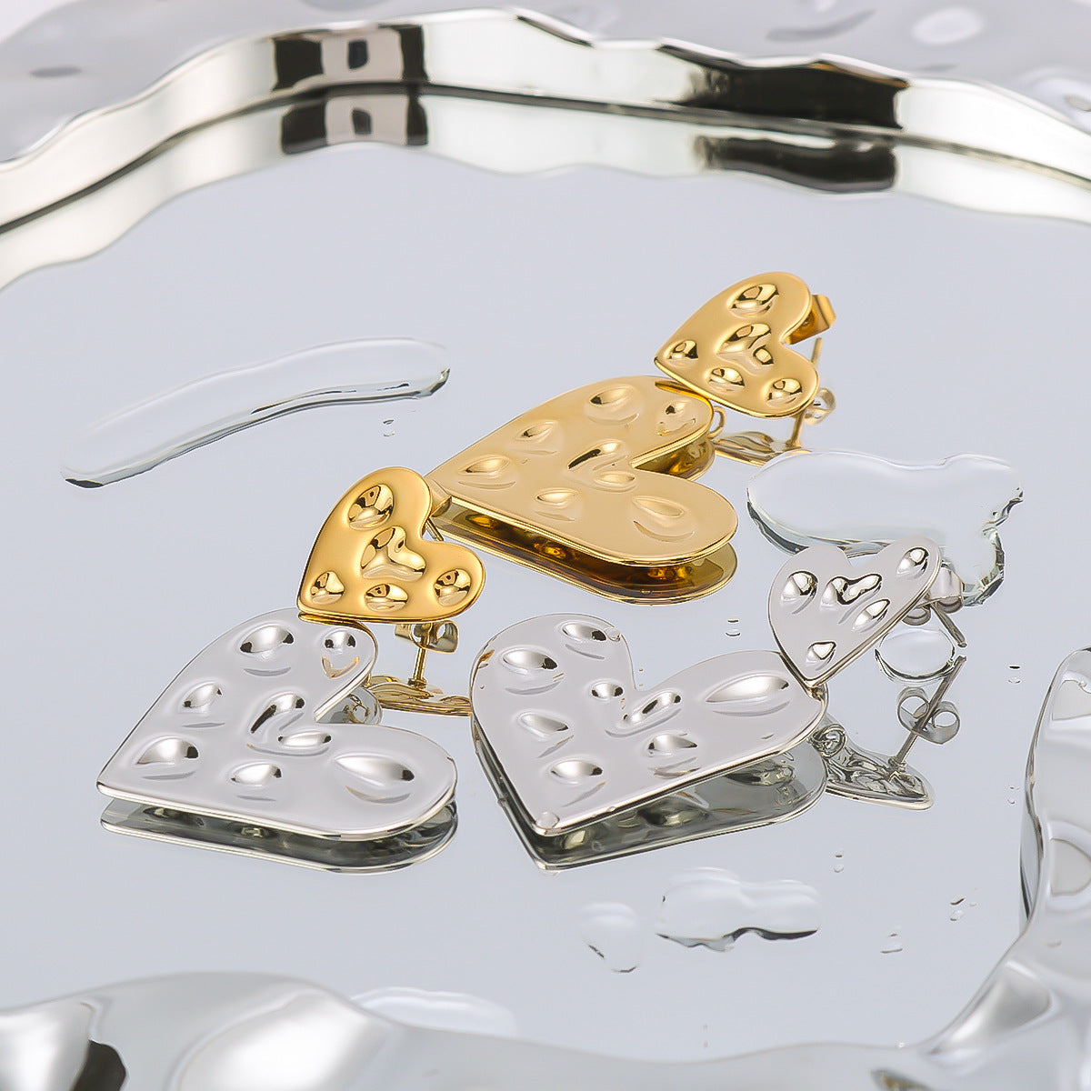Pendientes colgantes estilo Ins de doble capa en forma de corazón en acero inoxidable con baño de oro de 18K