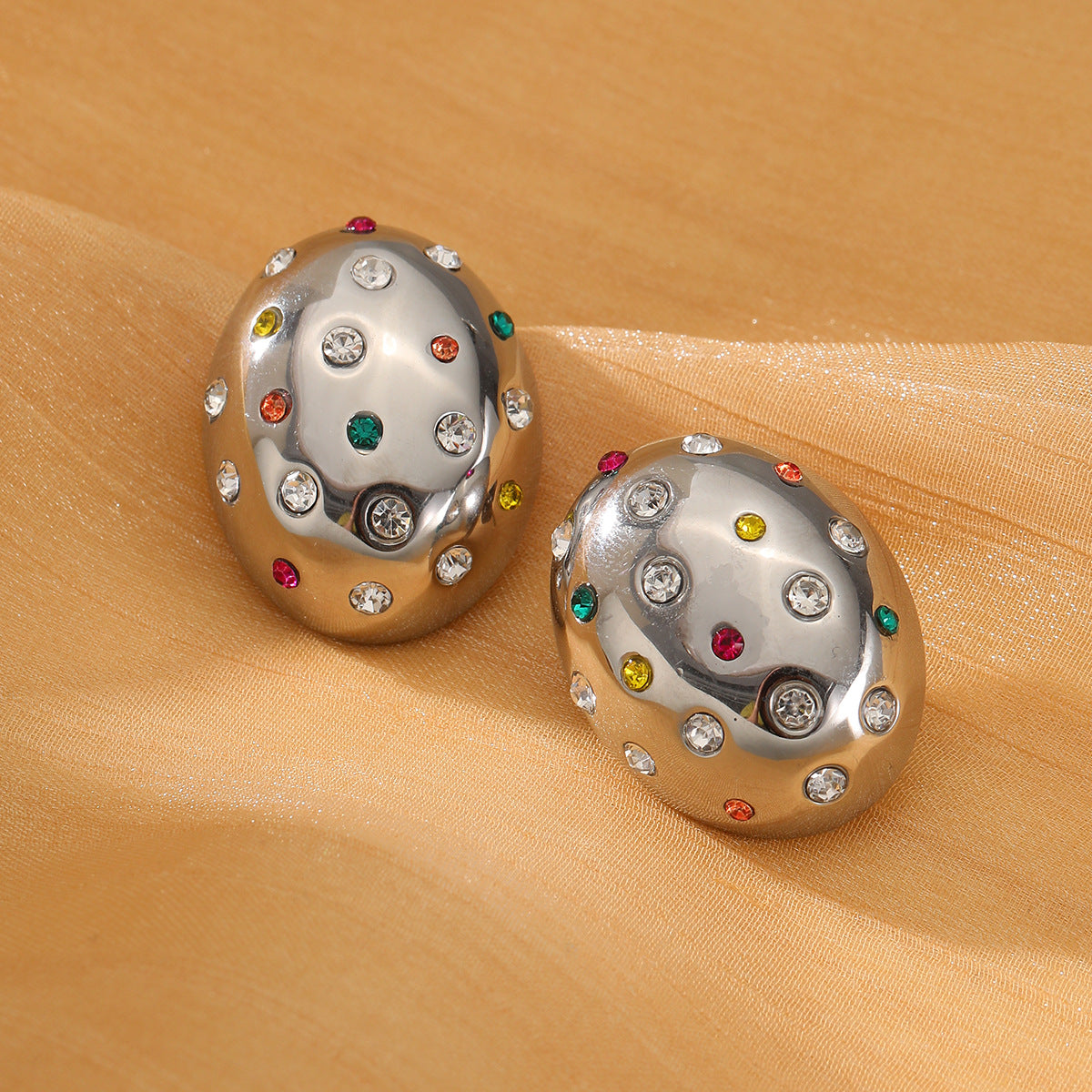 Fashionable Oval-Shaped Titanium Steel Stud Earrings for Women with Rhinestone Inlay and Plated Finish