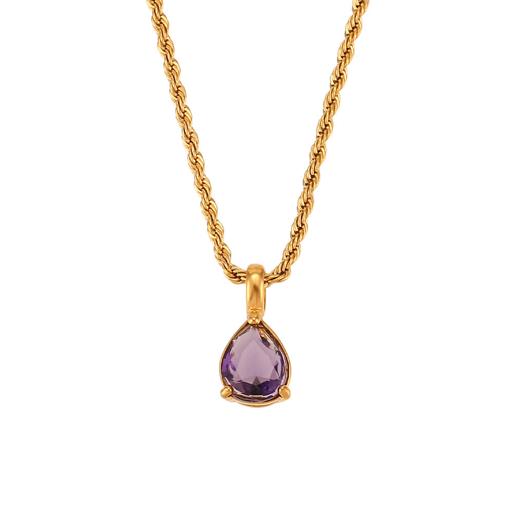 Fashionable Vintage Geometric Stainless Steel Twisted Rope Necklace with Teardrop Rhinestone Pendant for Women
