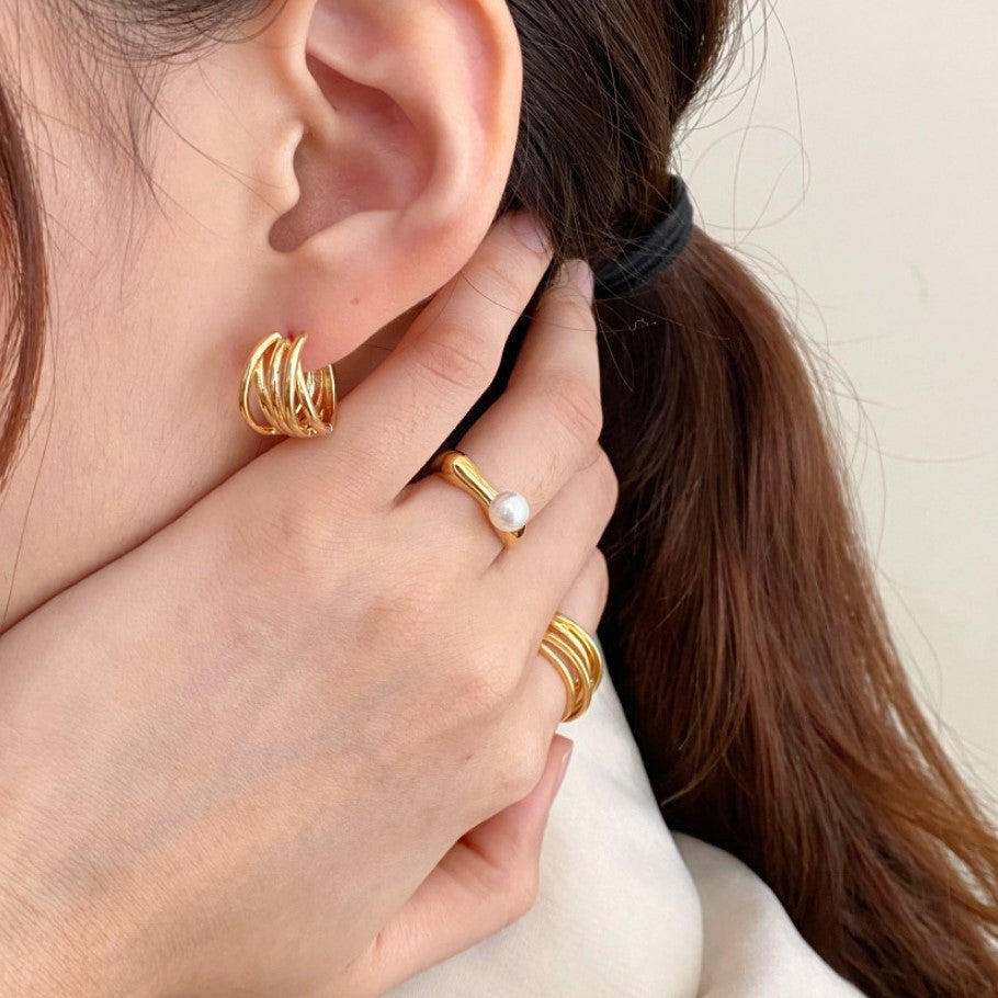 Anello aperto in argento sterling 925 con perla, motivo geometrico, stile naturale, da donna