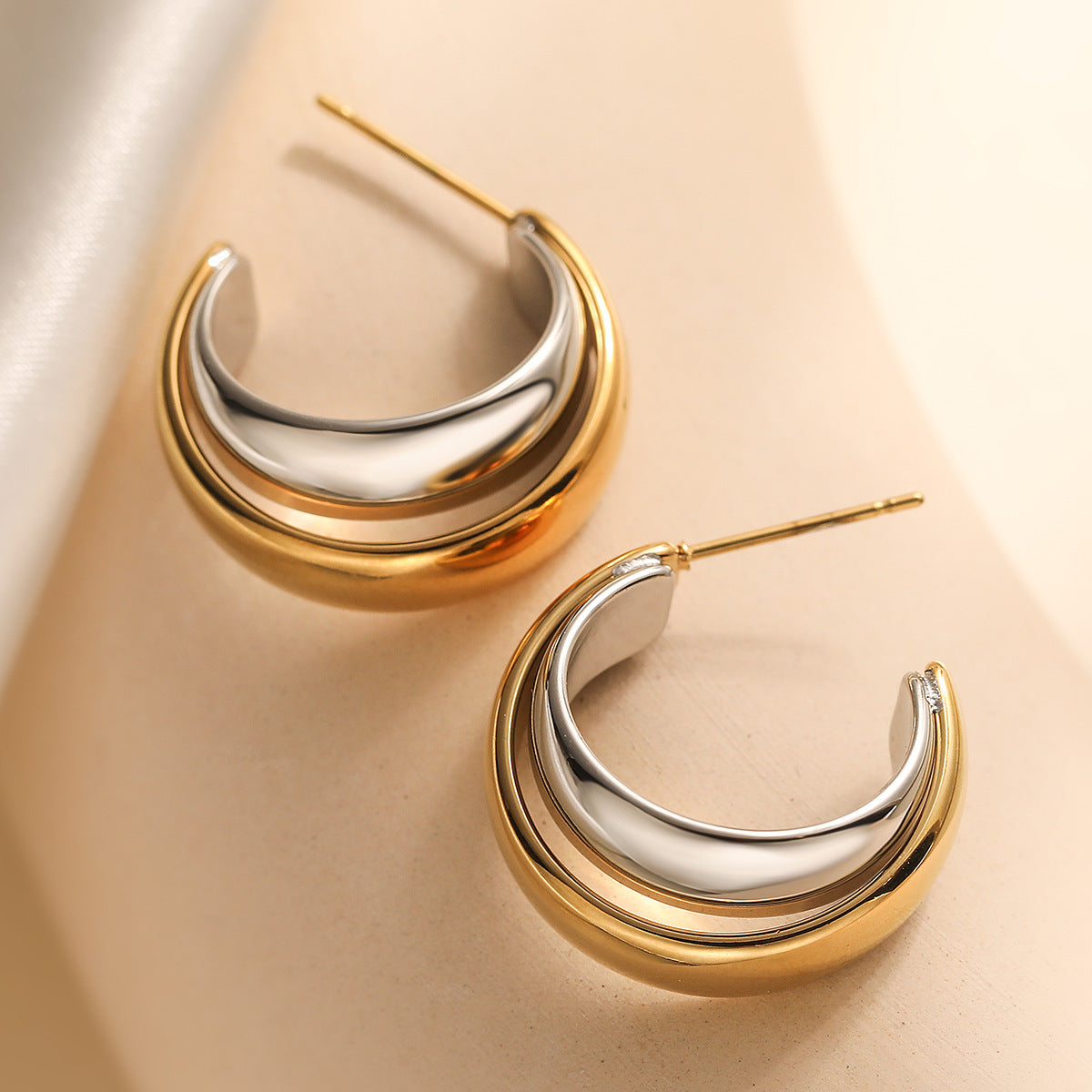 Minimalist 18K Gold Plated Geometric Stainless Steel C-Shape Earrings for Women