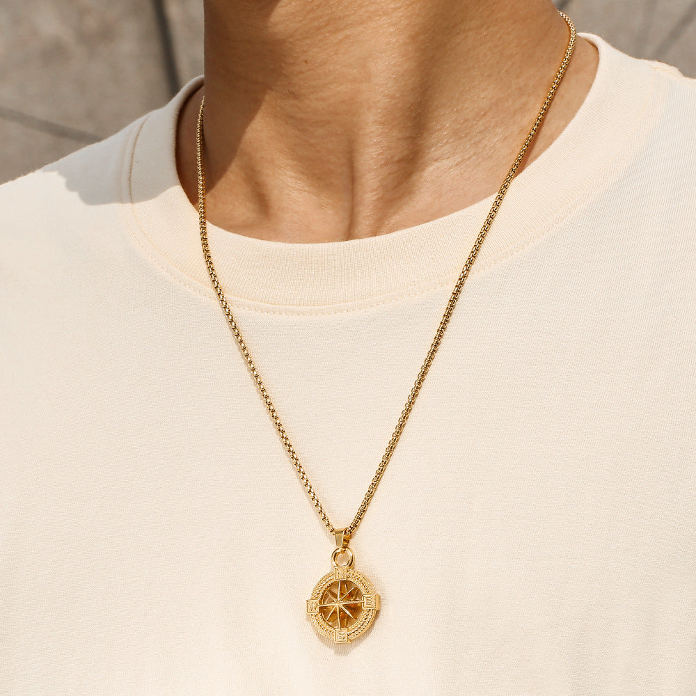 Eight-Pointed Star Geometric Titanium Steel Ball Chain Necklace Unisex Long Layered Pendant