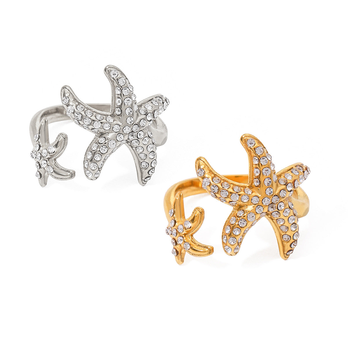 Full Rhinestone Starfish Stainless Steel Ring Plated Women