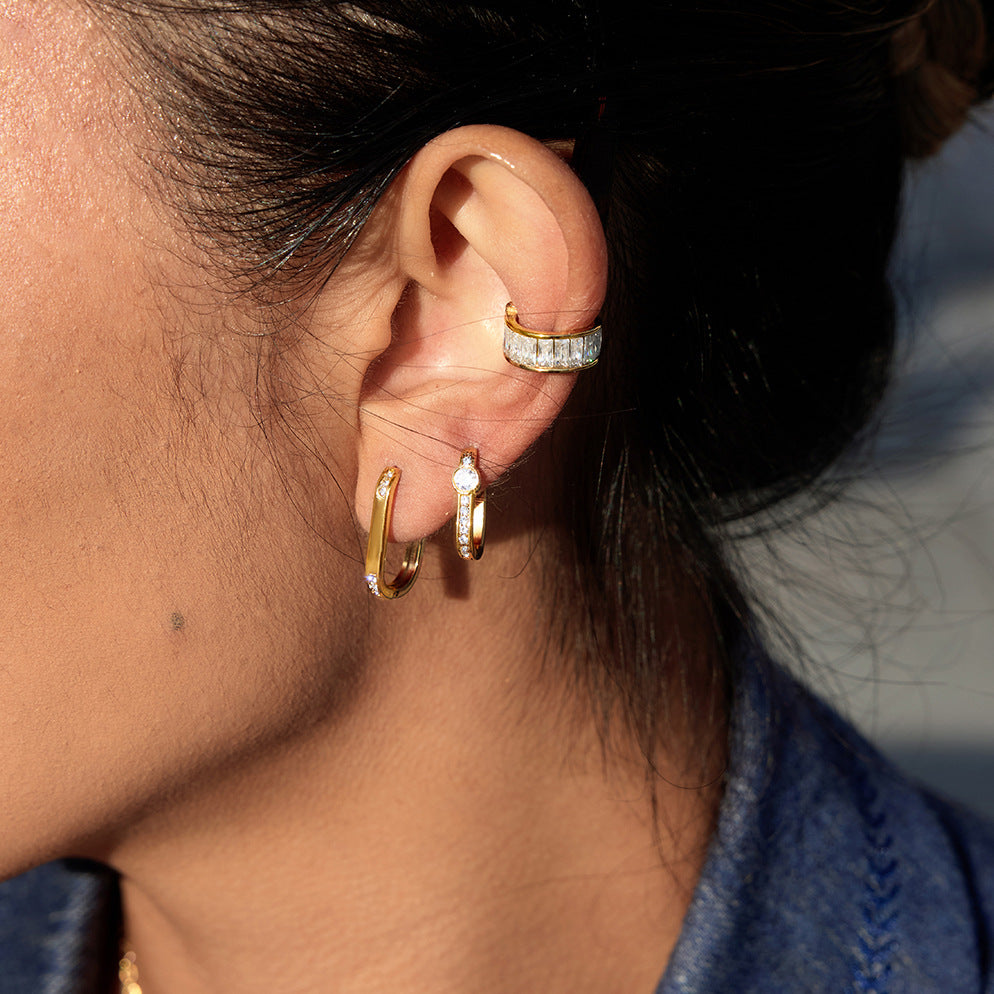 Elegant Geometric Stainless Steel Rhinestone Hoop Earrings Gold Plated