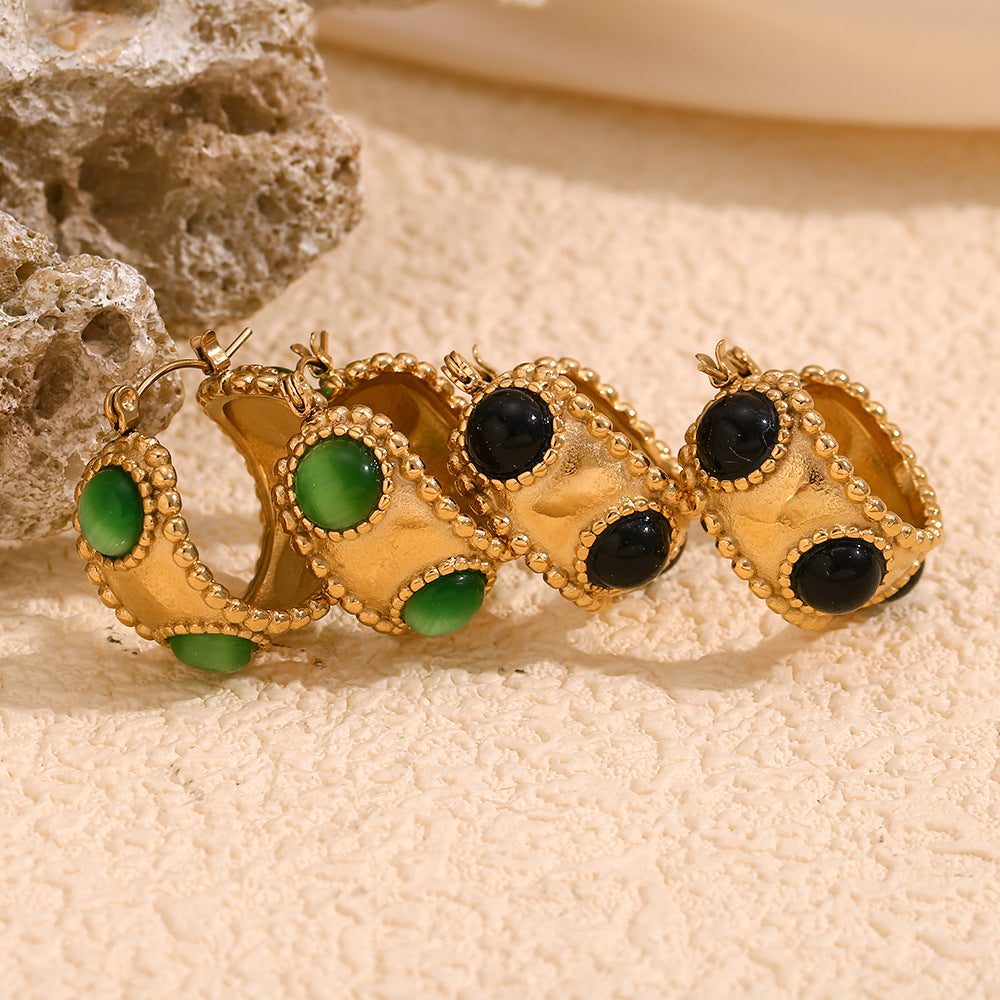Fashionable Vintage-Style Geometric Stainless Steel 18K Gold-Plated Round Natural Stone Earrings for Women