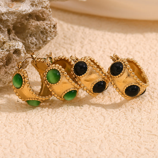 Orecchini da Donna Rotondi con Pietre Naturali Geometrici in Acciaio Inossidabile Placcato Oro 18K in Stile Vintage alla Moda