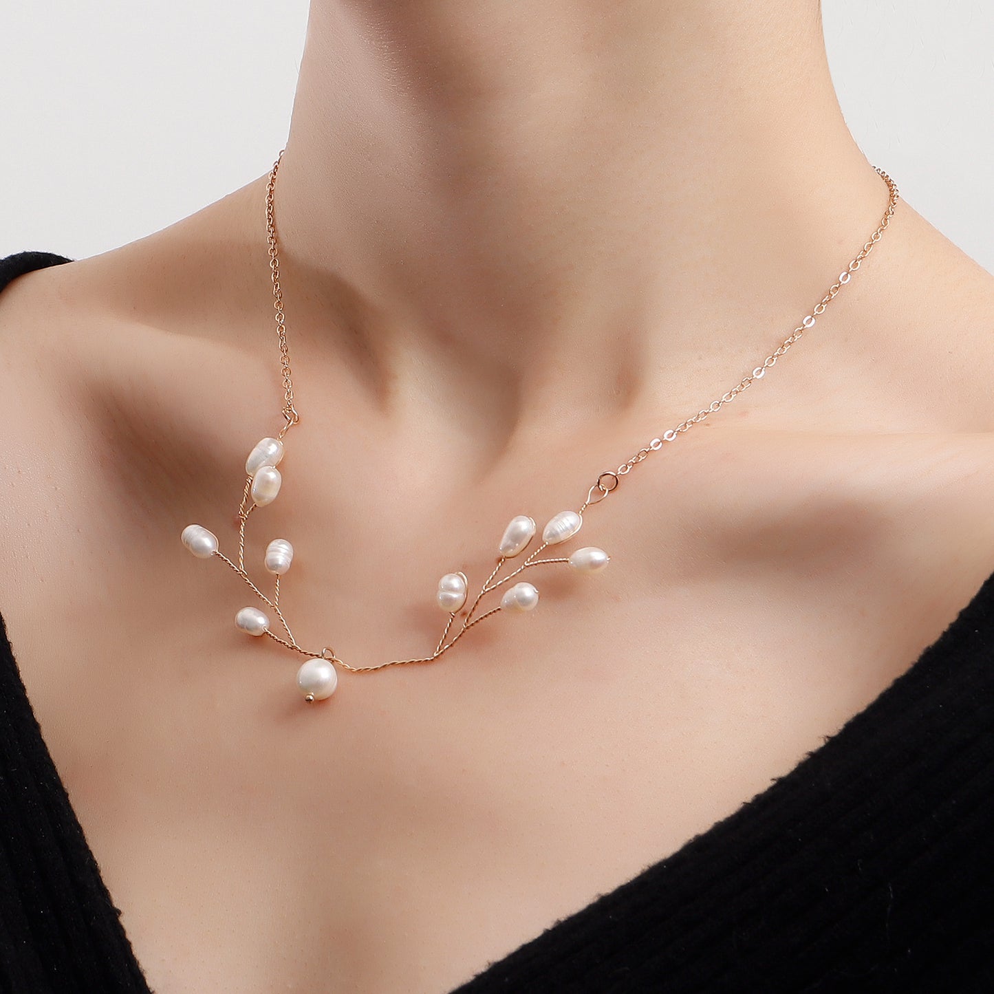 Minimalist Handwoven Branch-Shaped Alloy Necklace with Freshwater Pearl Pendant for Women