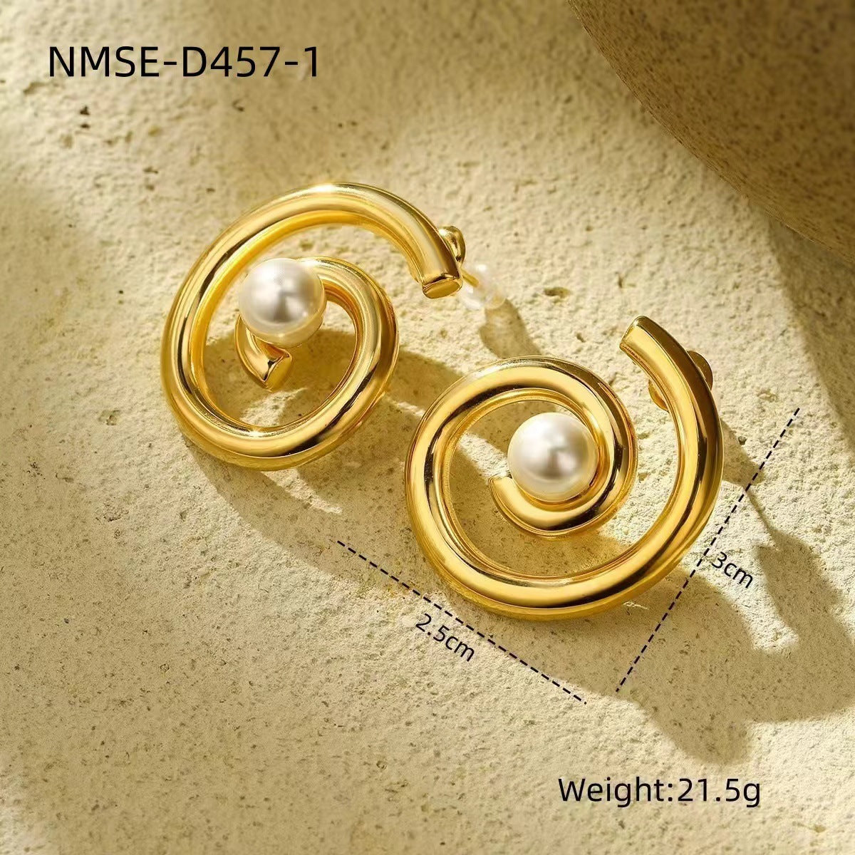 Orecchini a perno a spirale in acciaio inossidabile placcato oro 18 carati con perle, stile minimalista, da donna