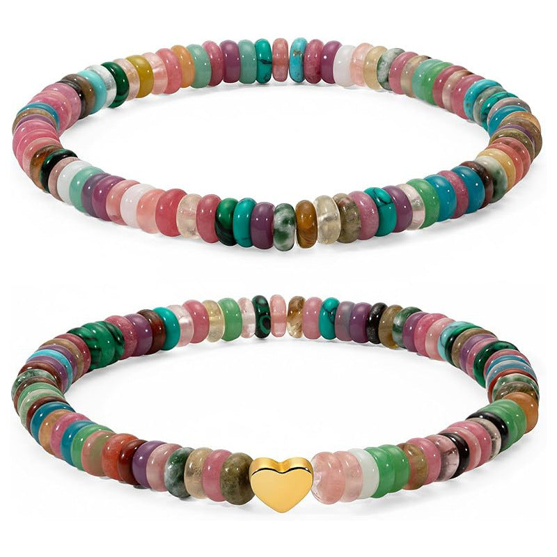 Vintage Natural Stone Agate Turquoise Heart Round Beaded Stretch Bracelet for Women