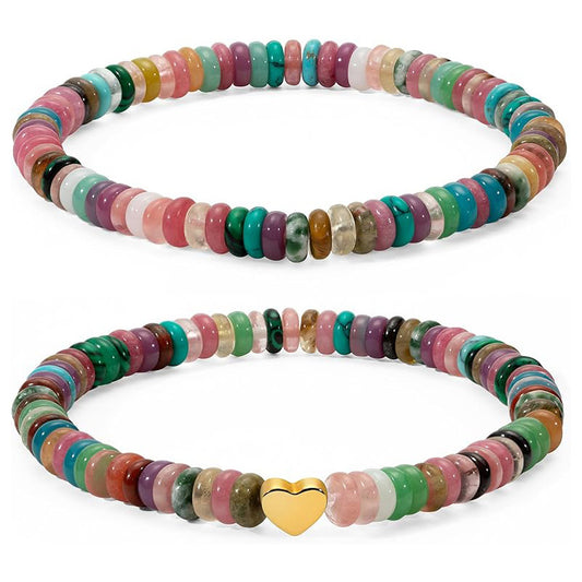 Vintage Natural Stone Agate Turquoise Heart Round Beaded Stretch Bracelet for Women