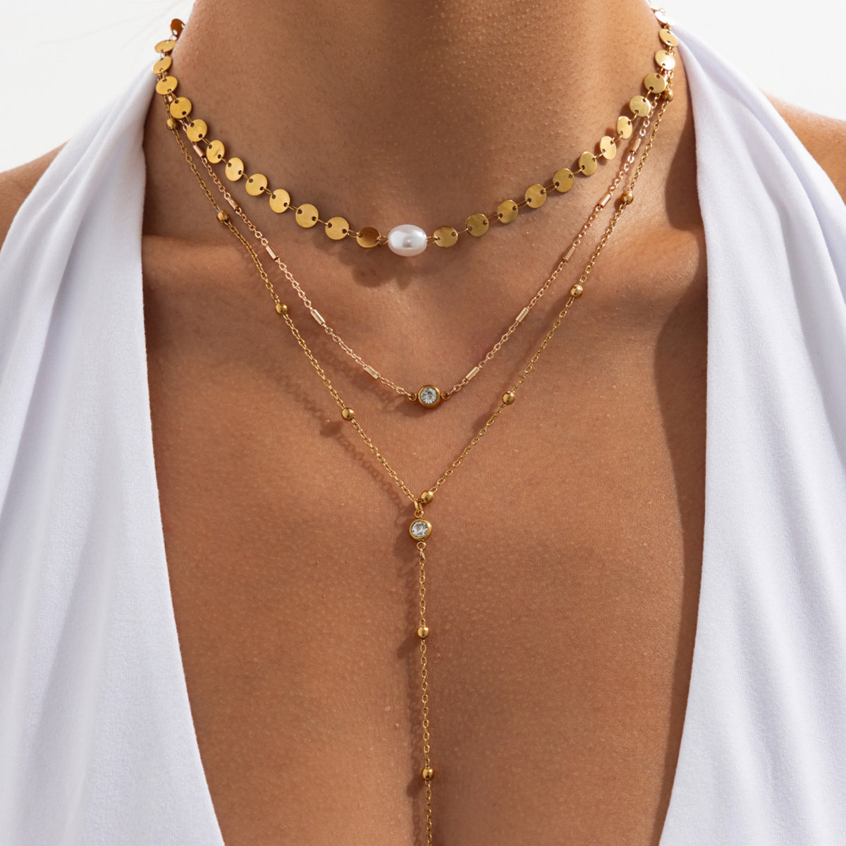Minimalist PVD Coated Stainless Steel Y-Shape Necklace with Faux Pearl Pendant and Cubic Zirconia Inlay