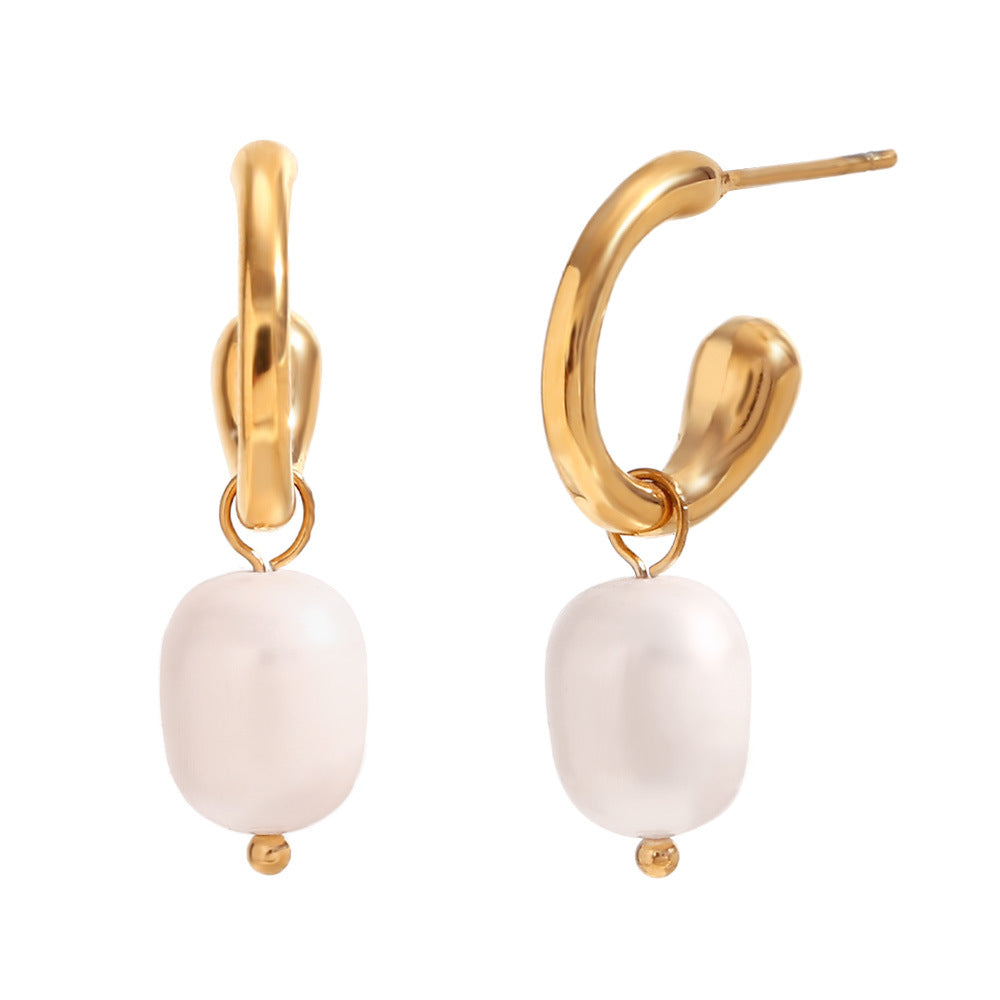 Orecchini da donna geometrici in acciaio inossidabile d'ispirazione vintage con placcatura in oro 18 carati e perle d'acqua dolce