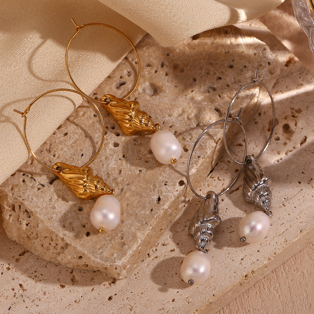 Fashion OL Geometric Stainless Steel 18K Gold Plated Freshwater Pearl Shell Hoop Earrings for Women