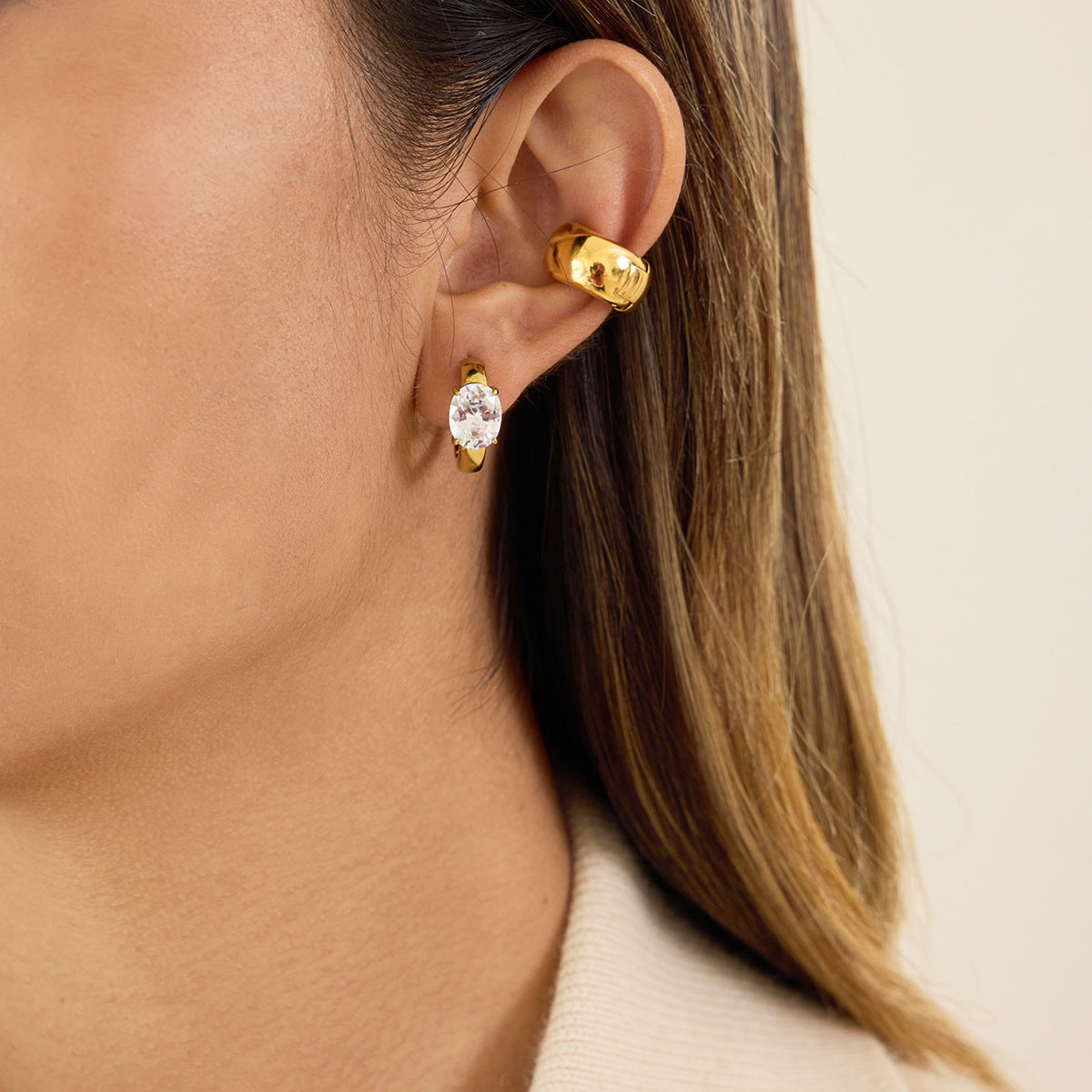 Aretes de aro geométricos de acero inoxidable con detalles de circonita bañados para mujer, joyería de oreja de moda minimalista de lujo