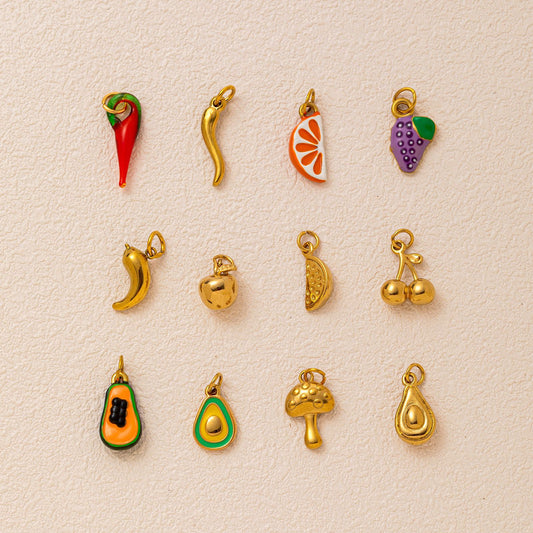 Vintage Round Stainless Steel PVD Gold Plated Chili Pepper Charm Bar