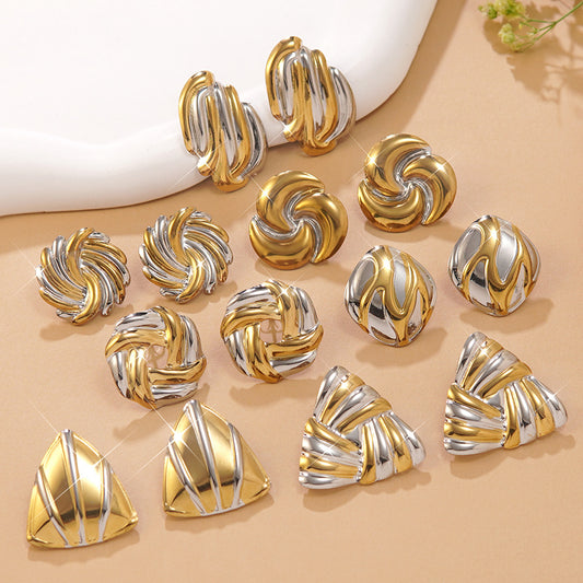 Pendientes de espiral de acero inoxidable chapado en dos tonos con triángulo geométrico informal