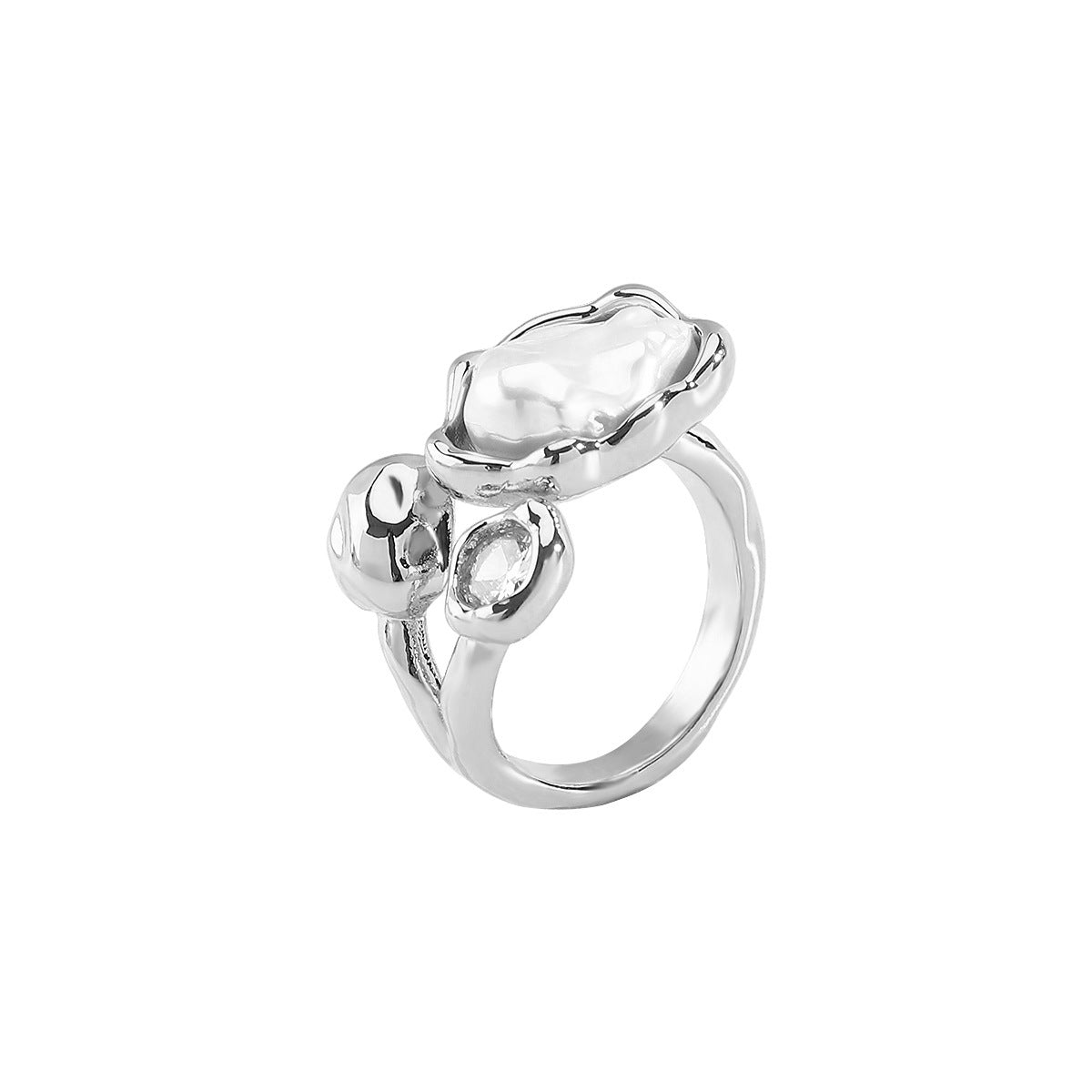 Anello da donna in perle geometriche di ispirazione barocca con base in rame e intarsio in zirconi, fascia elettroplaccata vintage chic