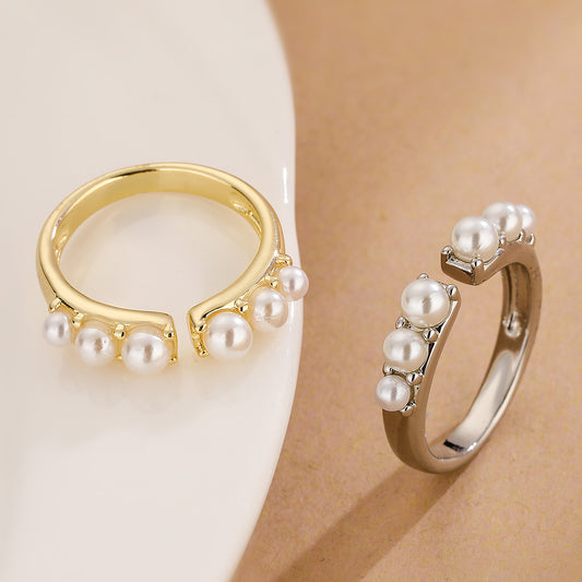 Anillo Abierto Geométrico Minimalista para Mujer de Latón con Baño de Oro Auténtico e Incrustación de Perlas