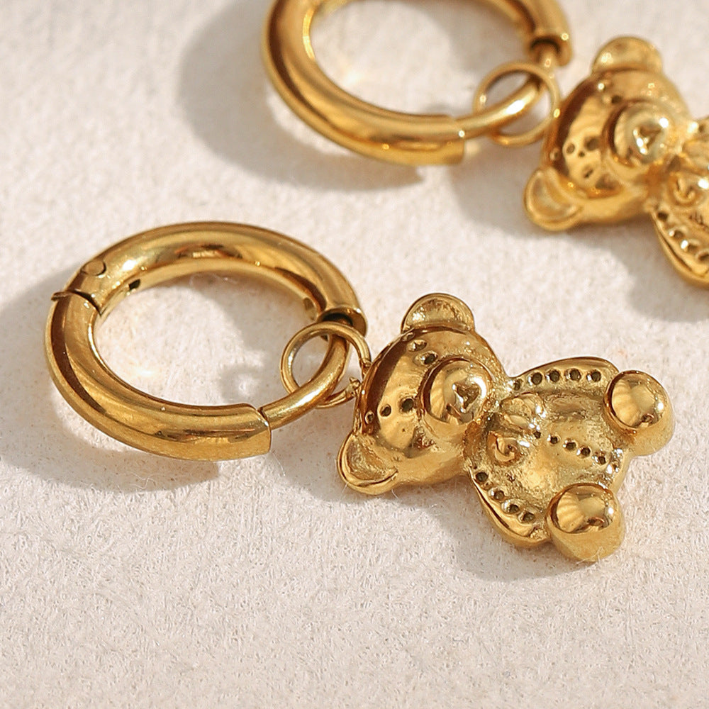 Minimalist Bear-Shaped Stainless Steel Earrings with 18K Gold Plating for Women