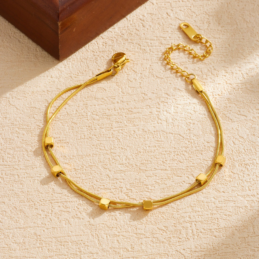 Minimalist Gold Plated Square Geometric Stainless Steel Layered Chain Bracelet for Women