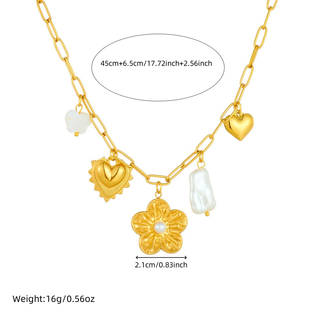 Gold Plated Stainless Steel Geometric Heart Floral Pendant Necklace with Imitation Pearl Curb Chain for Women