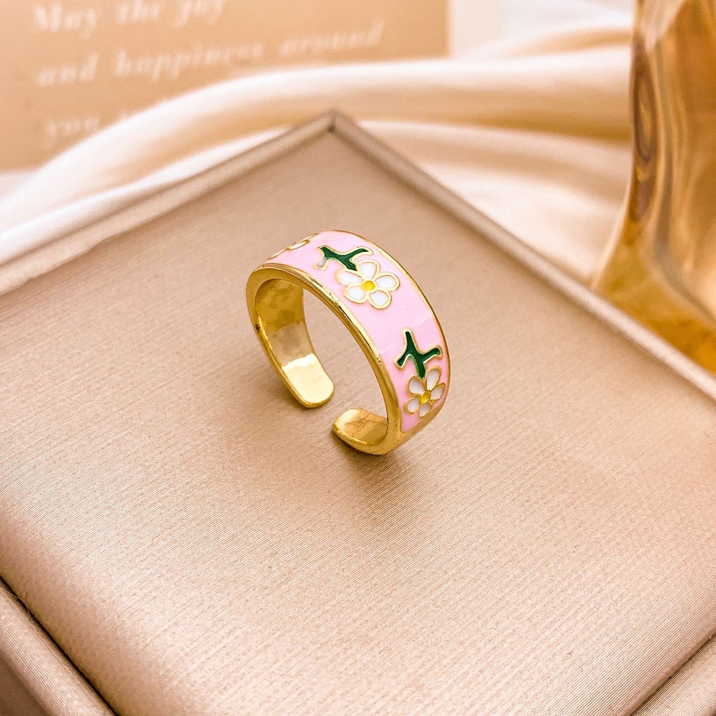 Sweet Minimalist Gold Plated Alloy Ring with Star Moon and Floral Design for Women