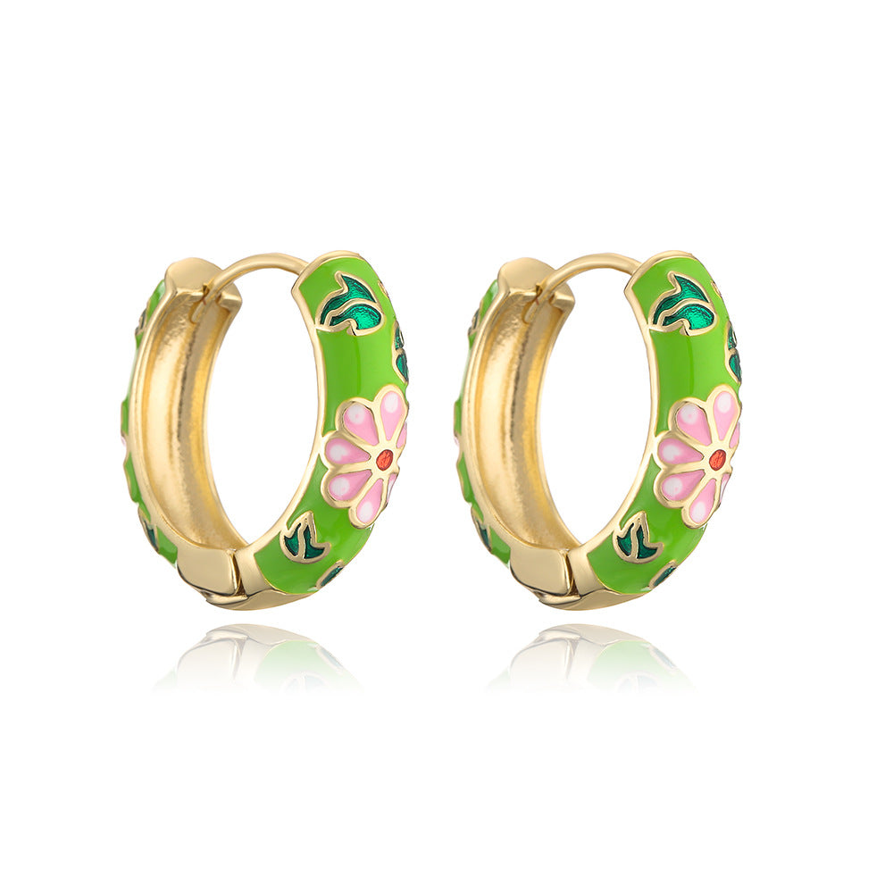 Minimalist Geometric Copper Hoop Earrings with 18K Gold Plating and Floral Enamel Accents for Women