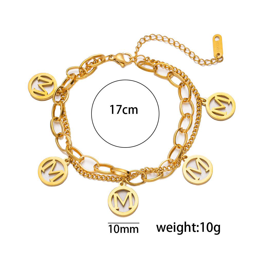 Minimalist Letter M Double-Layer Titanium Steel Bracelet for Women with Electroplated Finish